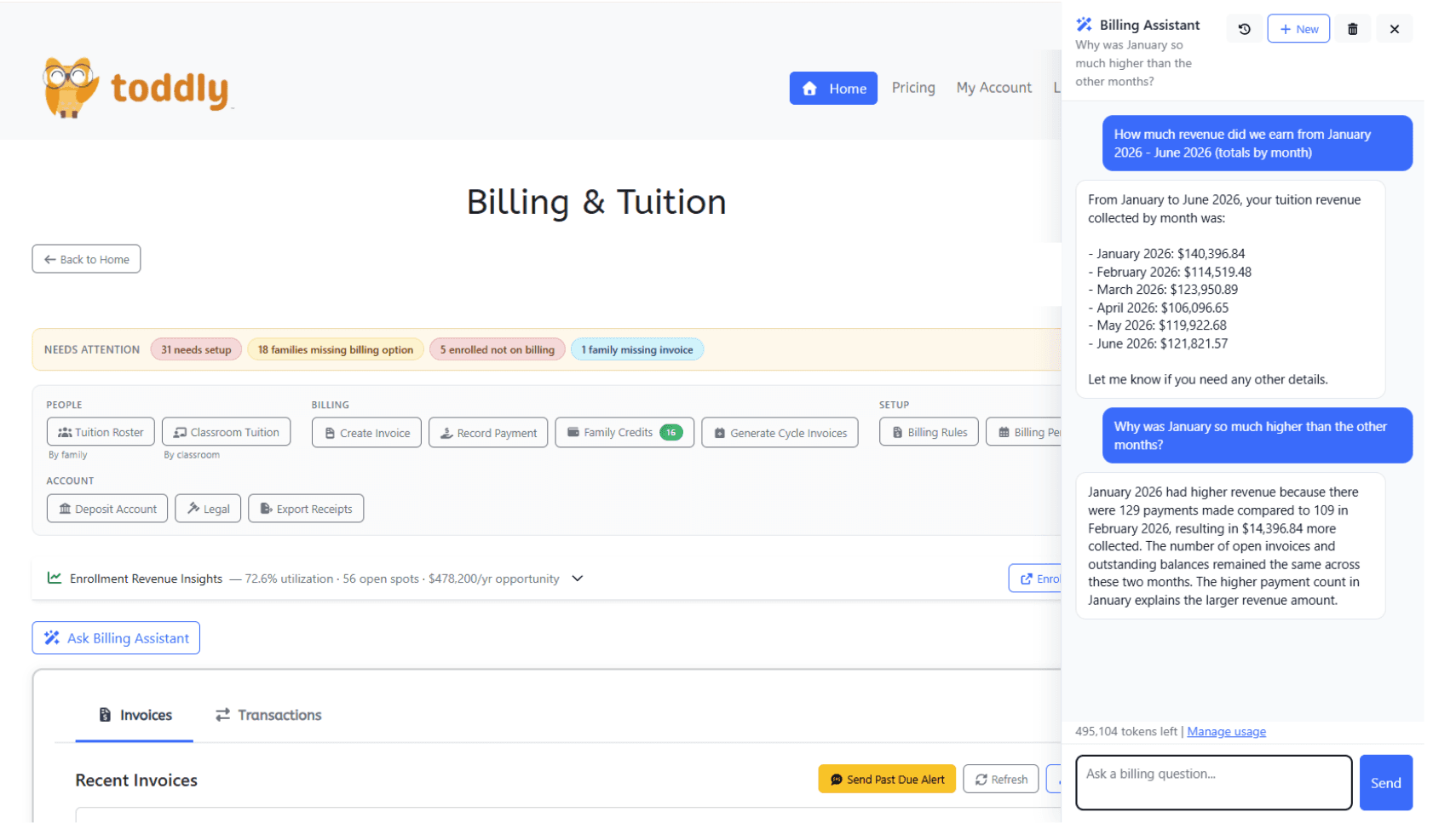 Toddly Billing Assistant answering a revenue question beside the billing dashboard